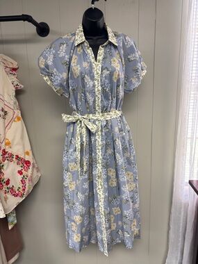 Light Blue Floral Midi Shirt Dress with Self-Tie Waist